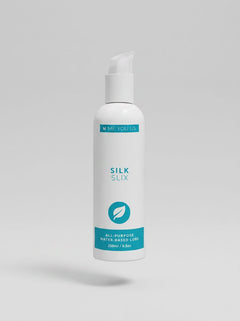 Close-up of Me You Us Silk Slix Water Based Lubricant Pump Bottle White 250ml showcasing the premium quality and the sophisticated label.