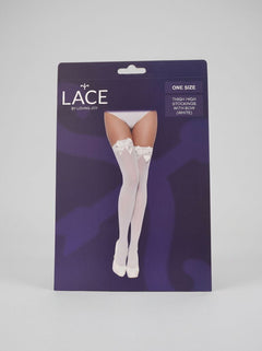 Detail shot of Lace by LJ Thigh High Stockings with Bow, focusing on the elegant lace pattern and delightful bow, showcasing these luxurious stockings with bow.
