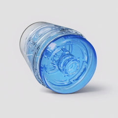 Elegant Main Squeeze Pop Off Optix Blue Transparent Masturbator showcasing the compact design, ideal for discreet pleasure and control, perfect for a luxurious experience.