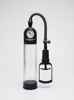Me You Us Gauge Penis Pump – Suction Pump for Enhanced Size, Stamina, and Confidence, freestanding with transparent chamber, pressure gauge and black manual pump