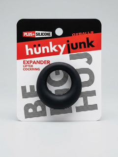 HunkyJunk Expander Silicone Cock & Ball Ring in Black Fog, packaged luxury cock ring shown against a clean studio background