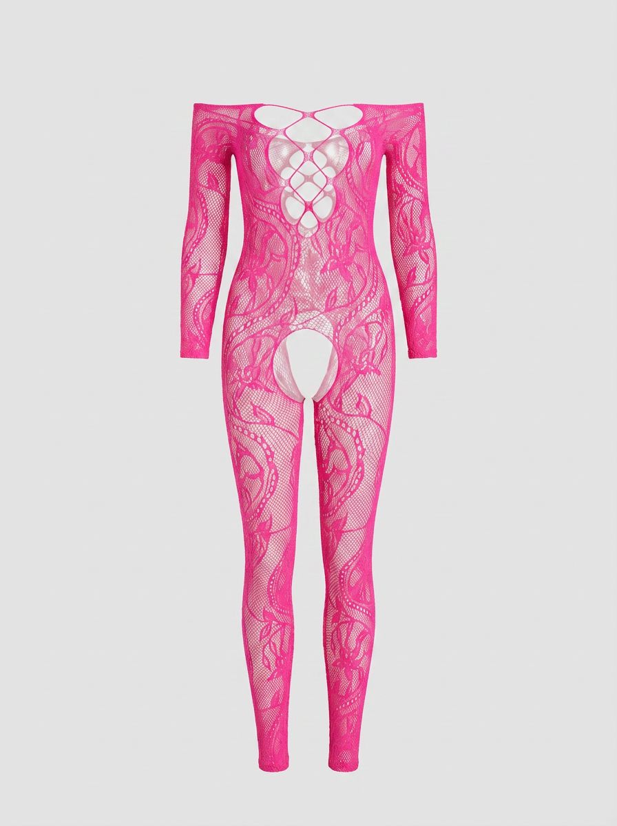 Lace by LJ Lace Up Front Crotchless Bodystocking Fuchsia