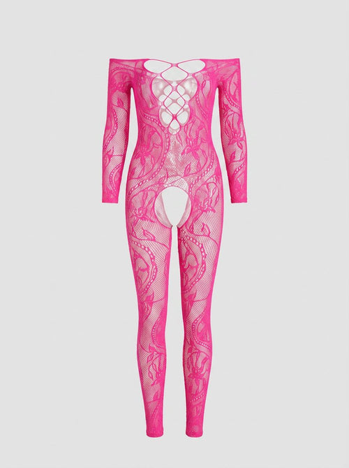 Lace by LJ Lace Up Front Crotchless Bodystocking Fuchsia