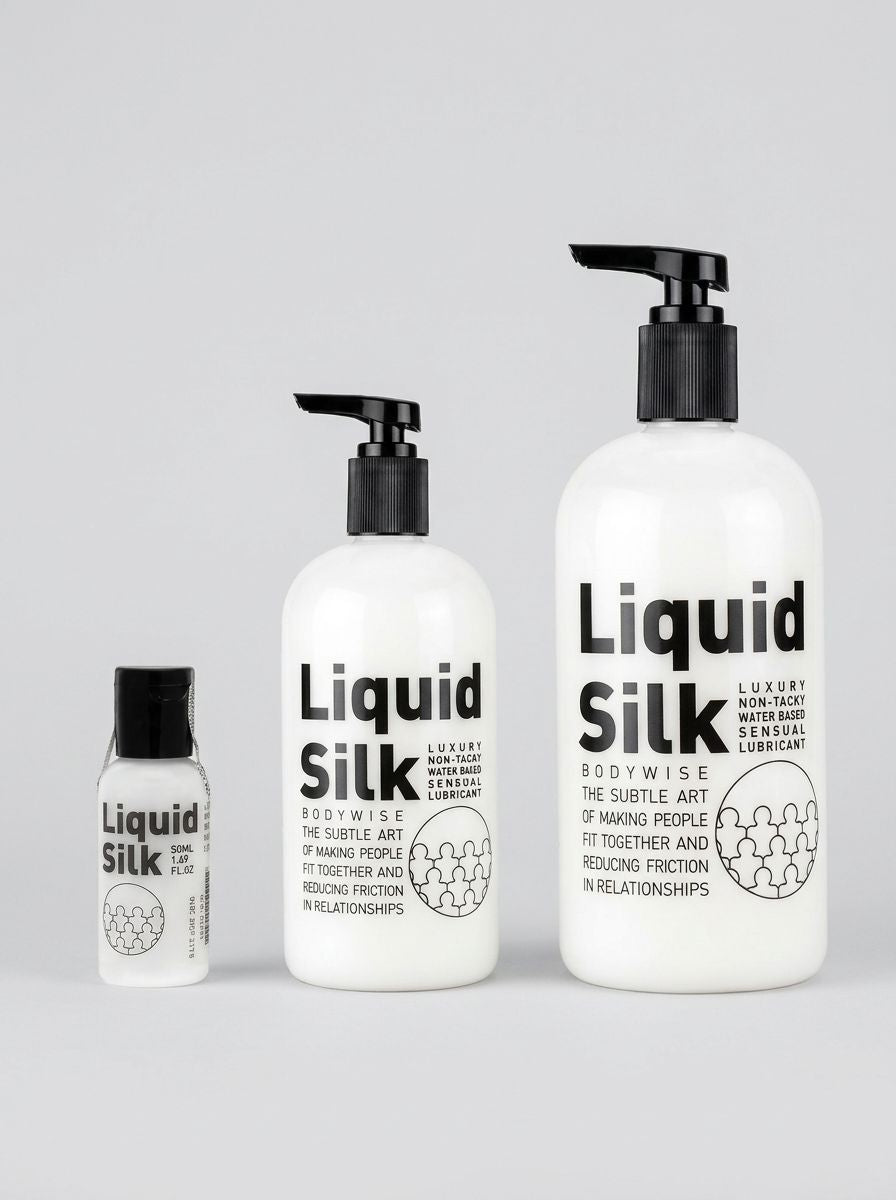 Liquid Silk water-based silky personal lubricant bottle showing smooth, clear gel texture in a sleek bottle.