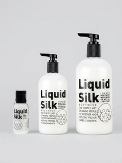 Liquid Silk water-based silky personal lubricant bottle showing smooth, clear gel texture in a sleek bottle.