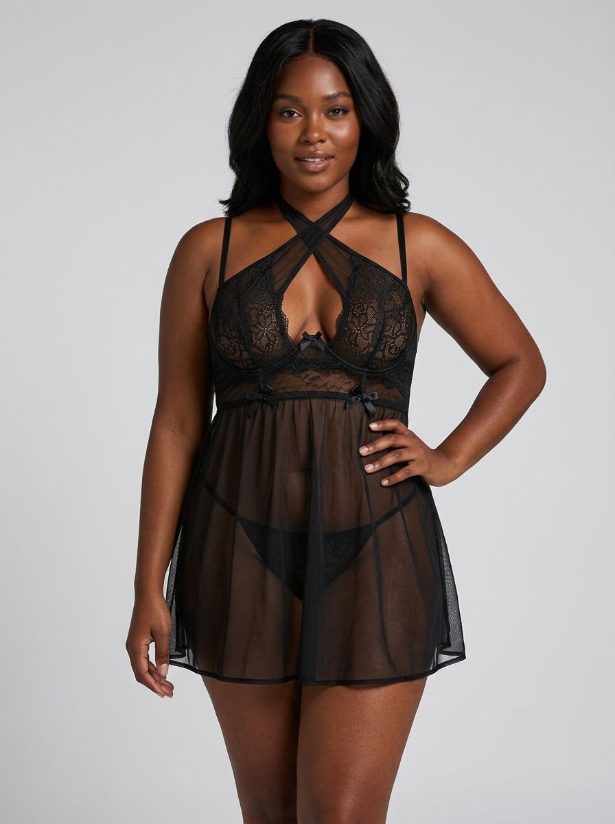 Seven Til Midnight lace and mesh halter babydoll and matching panty set, featuring delicate lace details and a flattering fit.