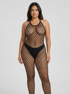 Lace by LJ Plus Size Footless Crochet Bodystocking, detailed view of the soft stretch crochet fabric and seductive footless bodystocking style