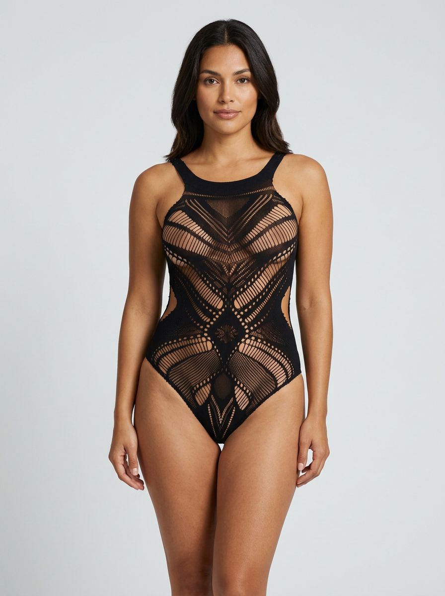 Baci Jacquard Sheer Mesh Cut-Out Bodysuit Black, luxury black sheer mesh bodysuit with intricate jacquard pattern and high-cut silhouette