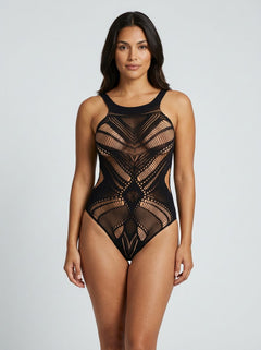 Baci Jacquard Sheer Mesh Cut-Out Bodysuit Black, luxury black sheer mesh bodysuit with intricate jacquard pattern and high-cut silhouette