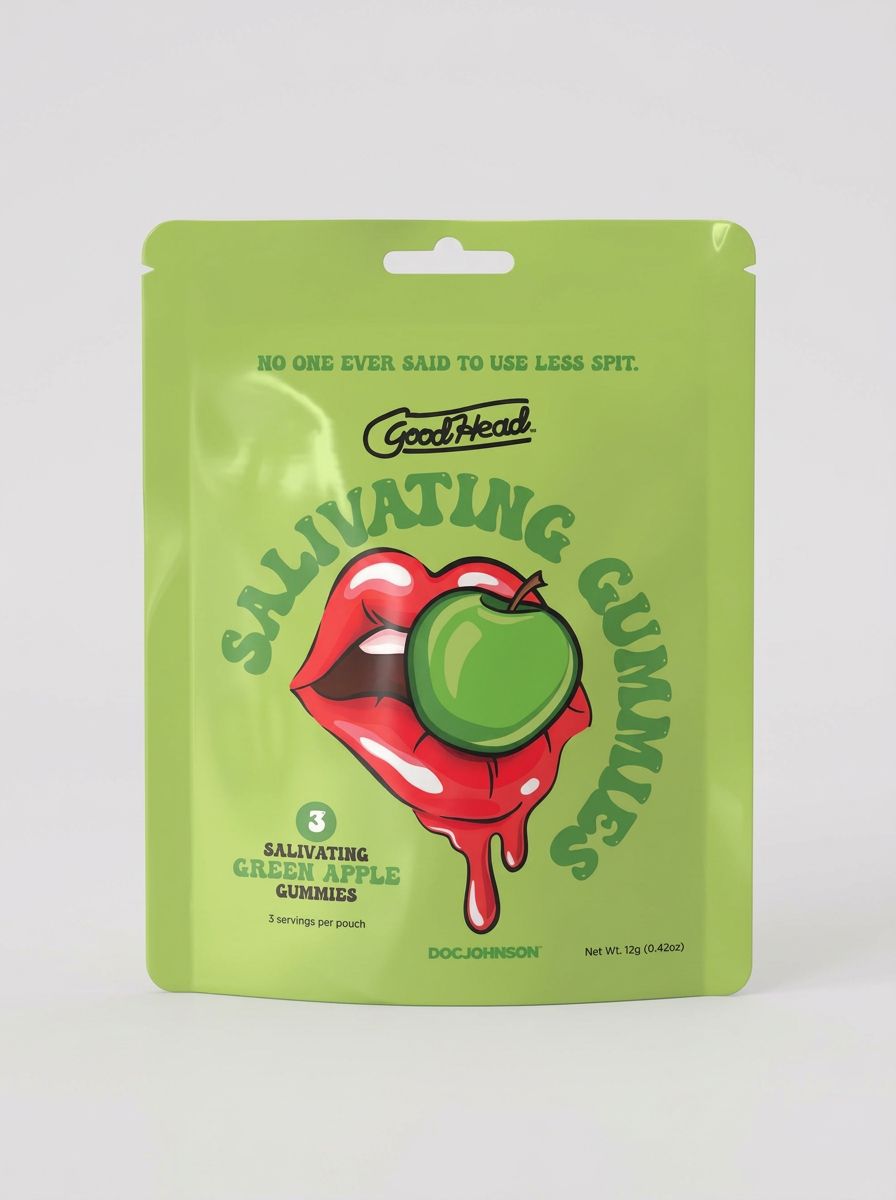 GoodHead Salivating Flavoured Oral Play Dry Mouth Gummies 3-Pack Green Apple pouch front with playful lips and apple design