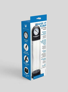 Me You Us Gauge Penis Pump – Suction Pump for Enhanced Size, Stamina, and Confidence, branded packaging displayed from the rear with product features