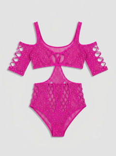 Exquisite Exposed Pink Long Sleeve Rhinestone Fishnet Teddy glows under black light, perfect for bold outfits and nightlife.
