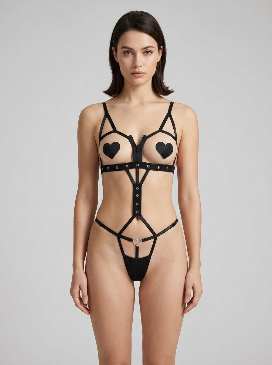 G-World Studded Strappy Lingerie Teddy Harness showcasing a daring black strappy teddy harness design, framed with edgy studded details, perfect for bold confidence.