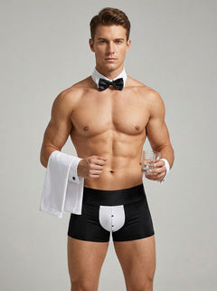 Detail view of the Male Power Butt-Ler Men's Sexy Butler Costume Set, highlighting the tuxedo-inspired styling and white cuff details of this luxurious sexy butler costume.