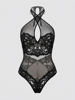 Midnight Lace Halter Tie-Neck Teddy Bodysuit