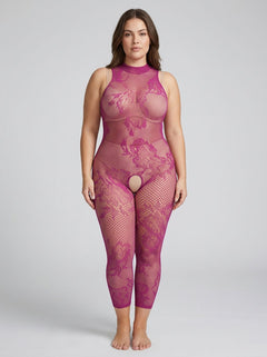 Fantasy Lingerie Magenta Endless Embrace Crotchless Floral Open Back Bodystocking, showcasing its luxurious floral knit pattern and seductive open back design.