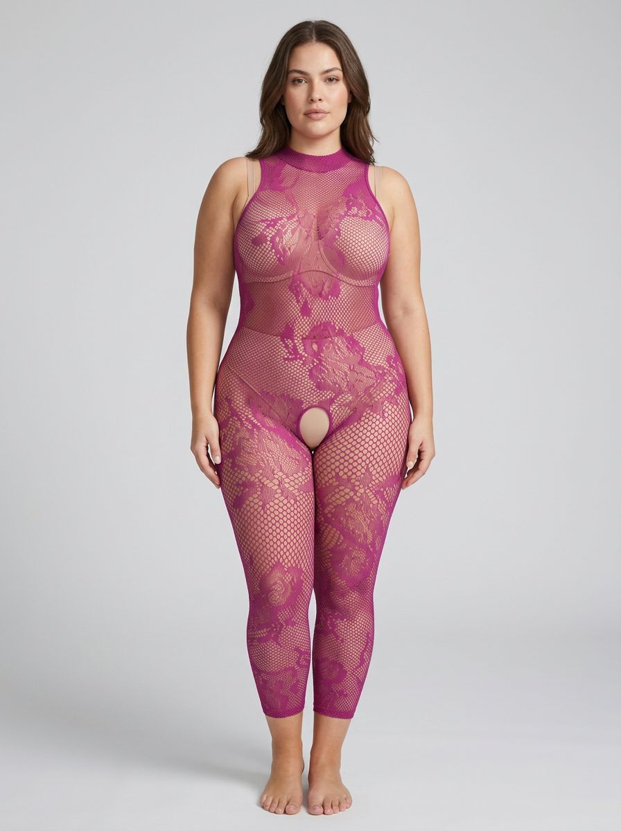 Fantasy Lingerie Magenta Endless Embrace Crotchless Floral Open Back Bodystocking, showcasing its luxurious floral knit pattern and seductive open back design.