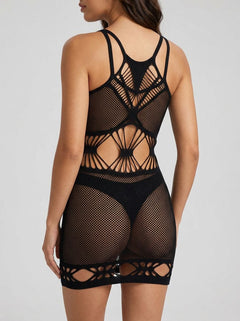 Baci Diamonte Net Sheer Cut-Out Bodycon Mini Dress Black, rear view showcasing the body-hugging net mini dress design