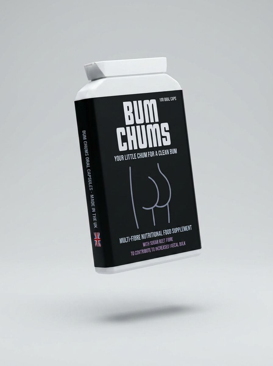 Bum Chums 100 Caps herbal supplement bottles featuring multi-fibre cleanliness with sugar beet extract, designed for digestive health.