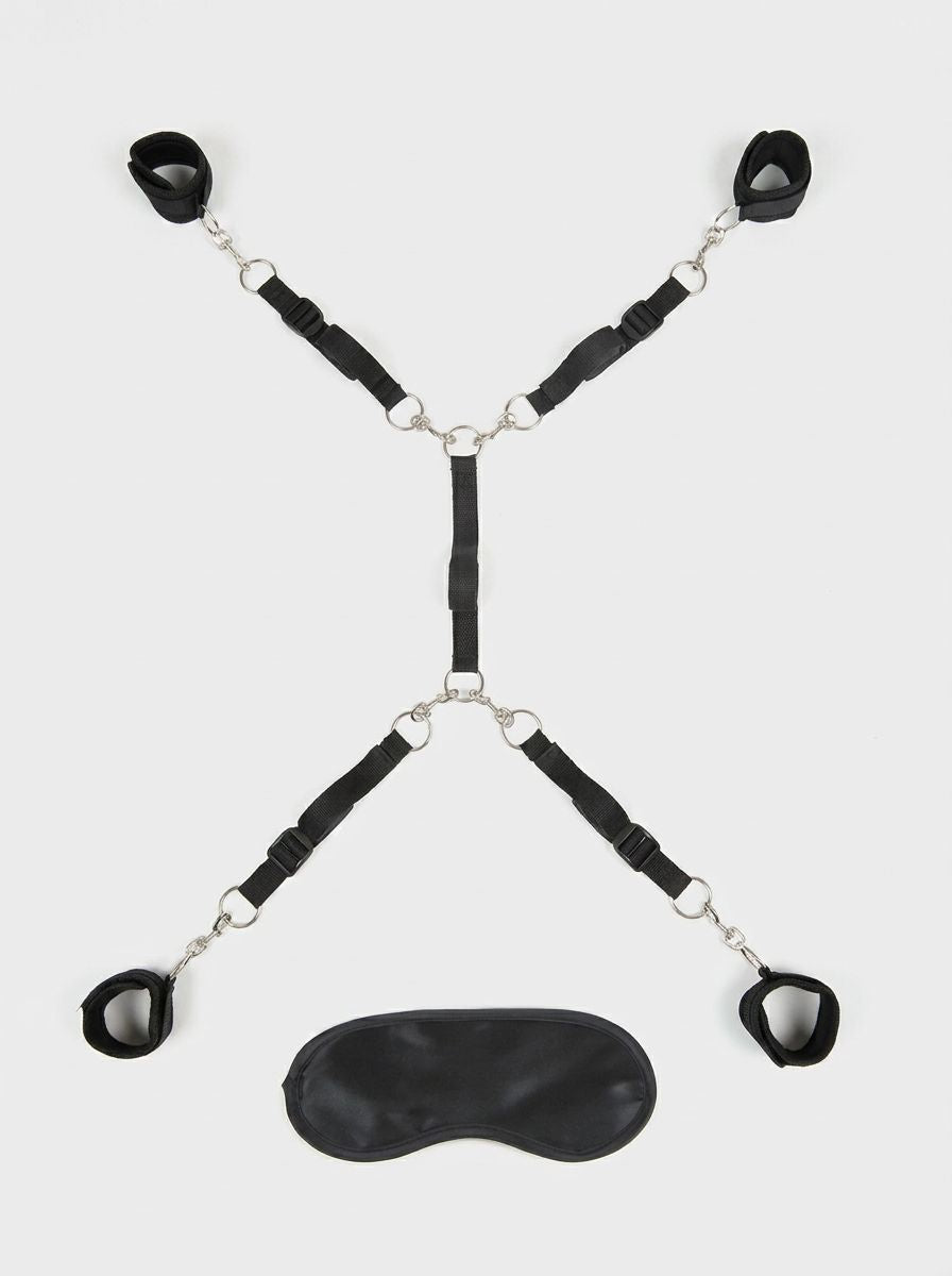 Lux Fetish 7-piece bed restraint set with adjustable restraints and straps for BDSM bondage and sleep restraint applications.