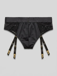 Seductive Laced Seductress Crotchless Panty Strap-On Harness with garter straps, capturing the essence of luxury lingerie for thrill-seeking exploration of pleasure.