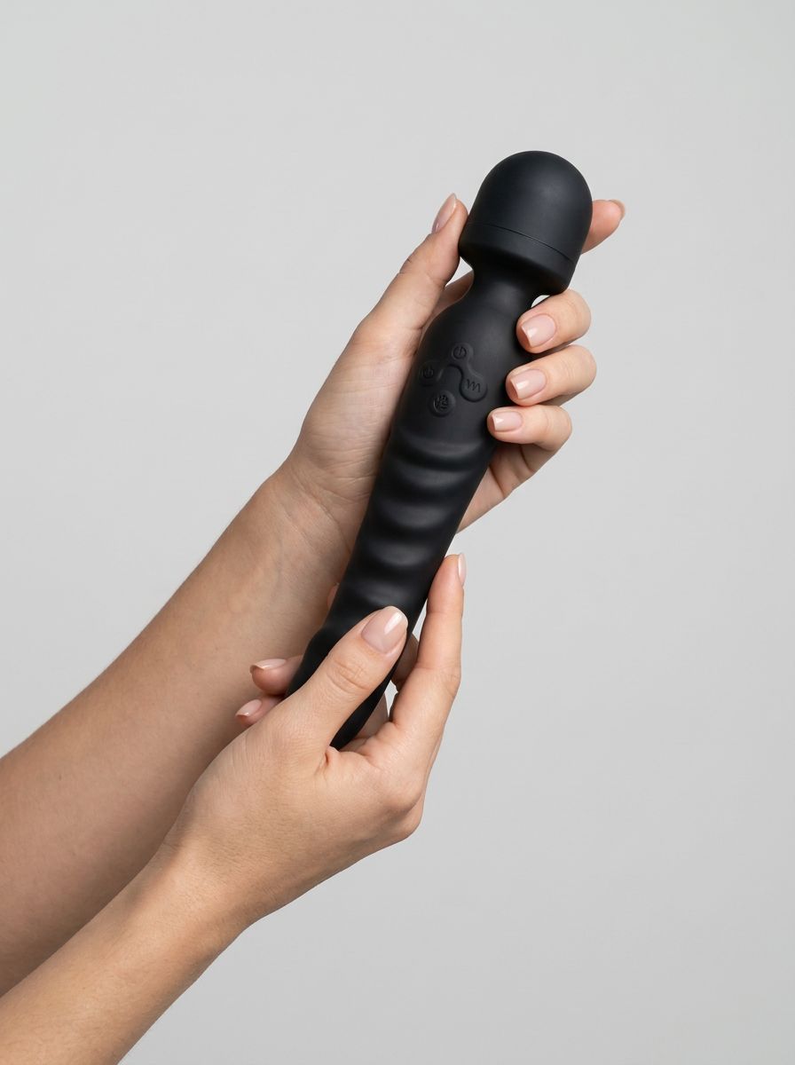 Double-ended waterproof silicone wand and dildo vibrator by Scandals with heating feature, 7 speeds, flexible design for versatile pleasure.