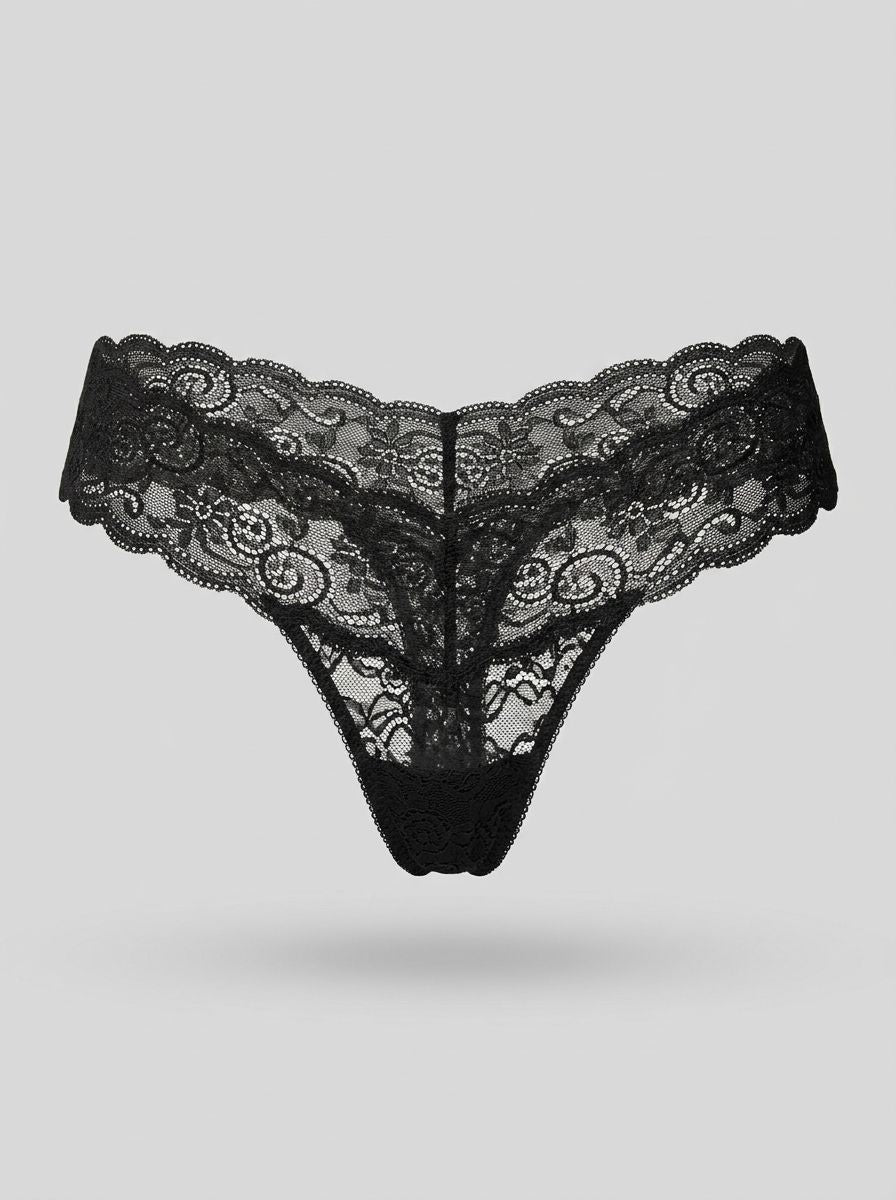 René Rofé lace love story crotchless thong with delicate floral lace, designed for luxurious, intimate lingerie.