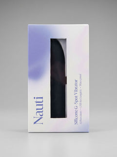 Nauti 10 Function G-Spot Vibrator on a soft surface, highlighting its eco-friendly USB rechargeability and luxurious design for pleasure.