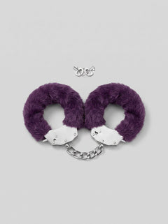 Me You Us Fluffy Quick Release Handcuffs - luxurious purple fluffy cuffs with decorative packaging, emphasising adjustable fit for an elegant touch.