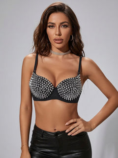 Silvia Metallic Studded Push-Up Plunge Bra in Silver, a luxury silver studded push-up bra with a sculpted plunge silhouette