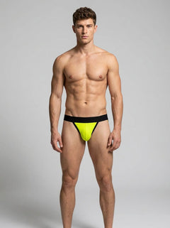 Close-up of the Male Power Mustang Bikini Brief's comfortable fit and plush waistband, highlighting its luxurious appeal in bright neon colours.