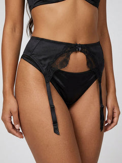 Black Lace Trim Suspender Belt with Metal Clips & Satin Bow Detail – luxury black lace suspender belt front view