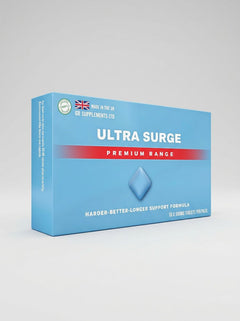Ultra Surge Premium 500mg herbal food supplement tablets by GB Supplements, shown in a 10-pack for aphrodisiac and enhancer support.