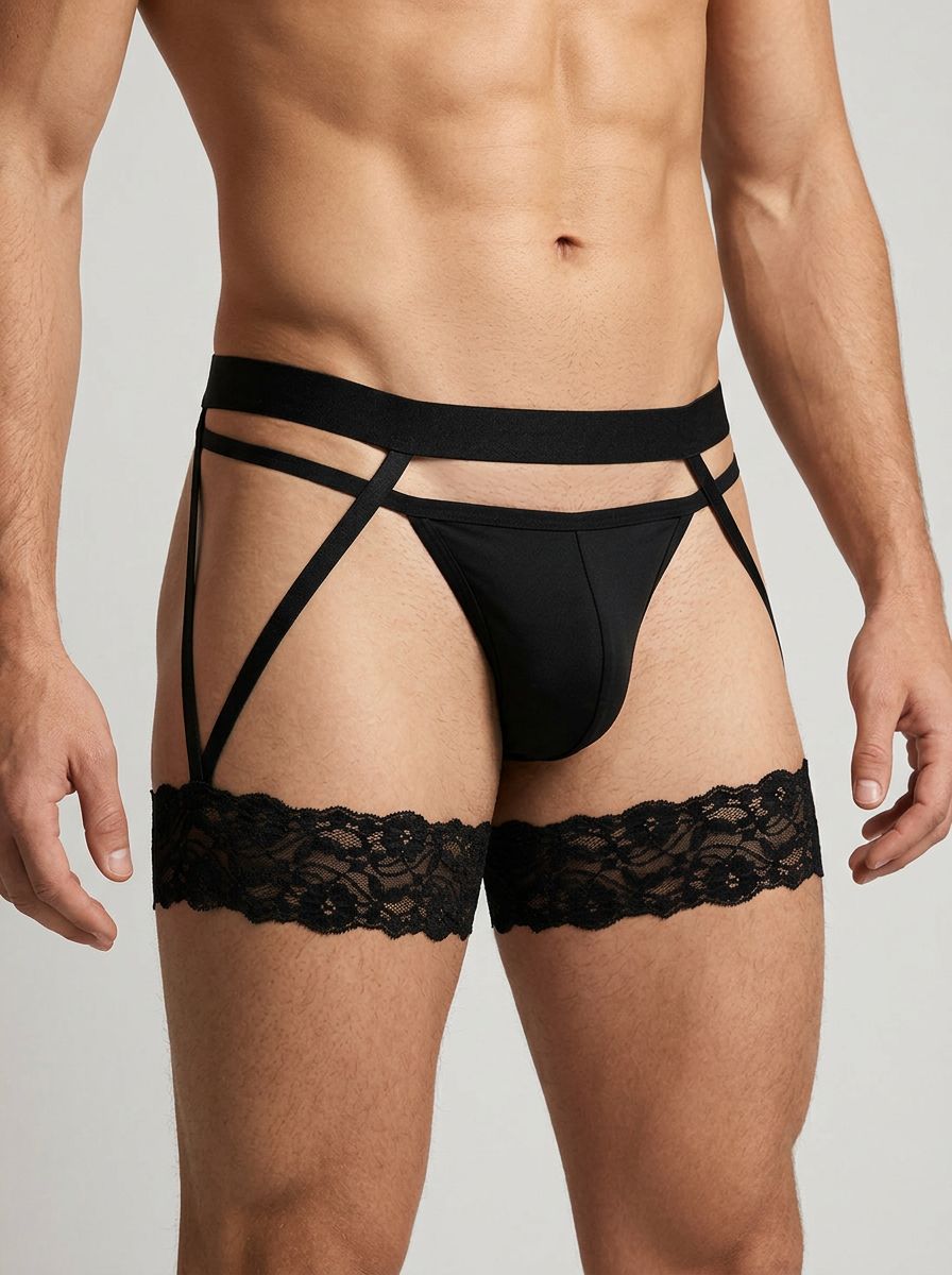 Black Male Power men's lace garter belt with attached garters worn over men's briefs, showcasing stylish men's lingerie.