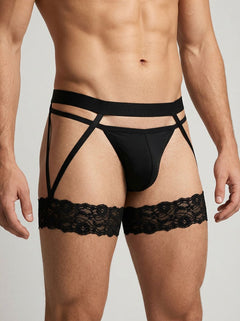 Black Male Power men's lace garter belt with attached garters worn over men's briefs, showcasing stylish men's lingerie.