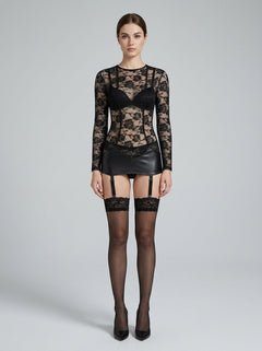 Elegant Allure Adore Freya Lace Corselette Inspired Dress with Garters, showcasing luxurious black lace detailing and integrated garter straps for a seductive silhouette.