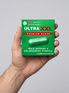 Ultra XXL Premium 400mg male herbal supplement capsules from GB Supplements, designed as aphrodisiacs and enhancers.