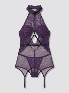 Flat lay of the Dreamgirl 3pc Aubergine Lace & Fishnet Garter Slip Chemise, Harness and Thong Set. This luxurious chemise set beautifully combines lace and fishnet textures, perfect for a sophisticated modern wardrobe.