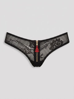 Allure Mika crotchless zip panty with bow detail, featuring a seductive design and intricate lace fabric.