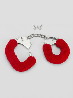 Me You Us Fluffy Quick Release Handcuffs - striking red fluffy cuffs with quick-release mechanism and keys, perfect for indulgent intimate encounters.