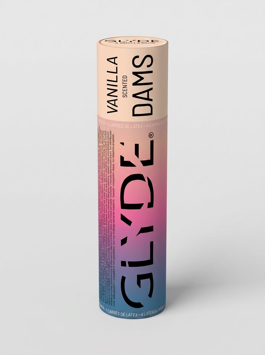 Sheer Glyde Vegan Dams Vanilla Flavour 4 Pack tube packaging for premium latex oral dams