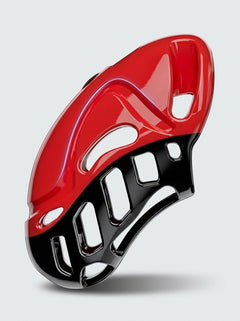 Vibrating Remote Control Plastic Chastity Cock Cage close-up highlighting the ventilated cage structure and smooth red shell