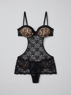 Baci Leopard Print & Lace Cut Out Basque worn by model, demonstrating the flattering silhouette of this luxury leopard basque.