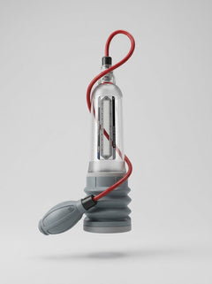 Clear Bathmate Hydroxtreme 9 penis pump from Bathmate showing the transparent cylindrical design and pump handle.