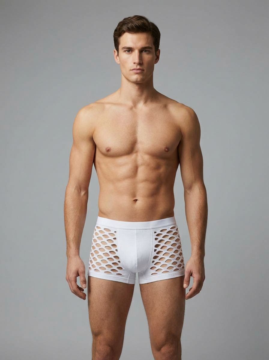 Male Power Gone Fishin' men's briefs in white, featuring a fun fish print design, made from comfortable fabric.