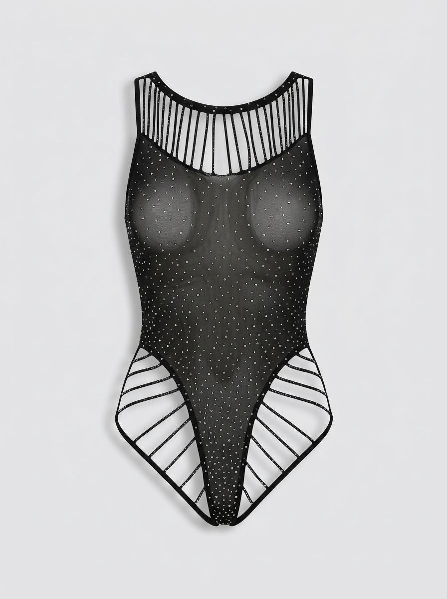 Baci Diamonte Shimmer Black Strappy Lingerie Bodysuit