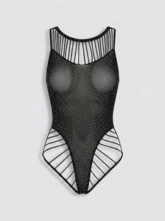 Baci Diamonte Shimmer Black Strappy Lingerie Bodysuit