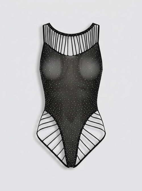Baci Diamonte Shimmer Black Strappy Lingerie Bodysuit