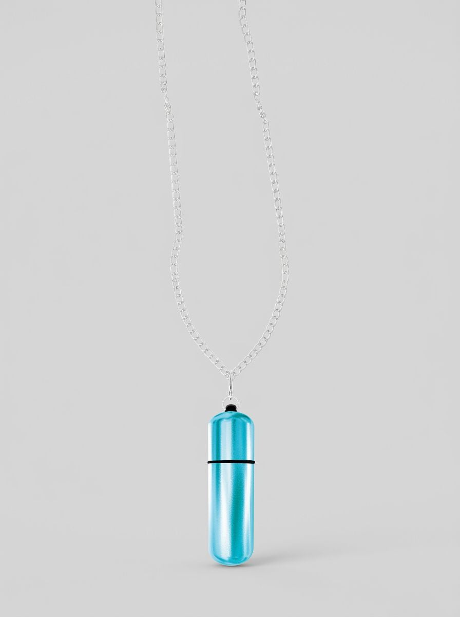 Luxury blue Power Bullet MiVibe Bullet Vibrator Necklace designed for discreet pleasure and fashionable style.