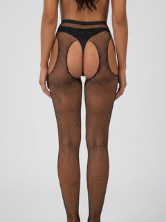 Lace by LJ Rhinestone Fishnet Crotchless Pantyhose Black with glamorous rhinestone fishnet crotchless pantyhose detail